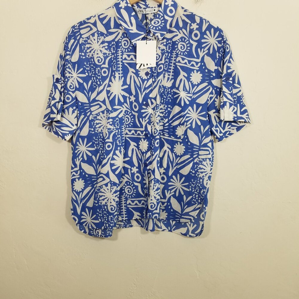 NWT Zara Cotton Button Down Shirt Top Blouse Lightweight Print Front Pocket M